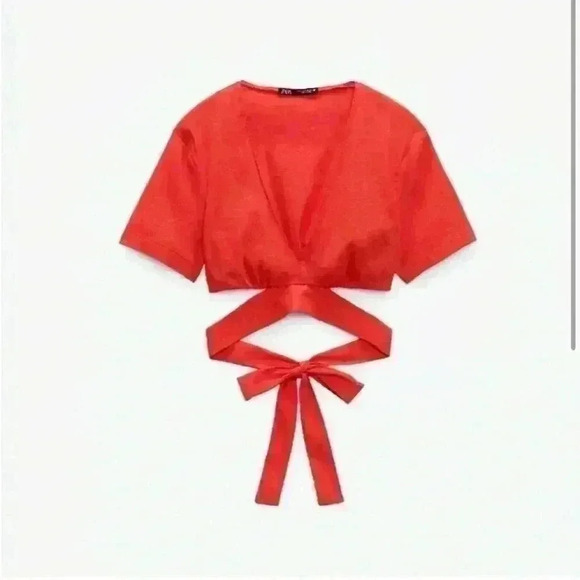 NWOT Zara Tie Around Red Linen Blend Short Sleeve V-Neck Crop Top Size Large - Picture 1 of 4